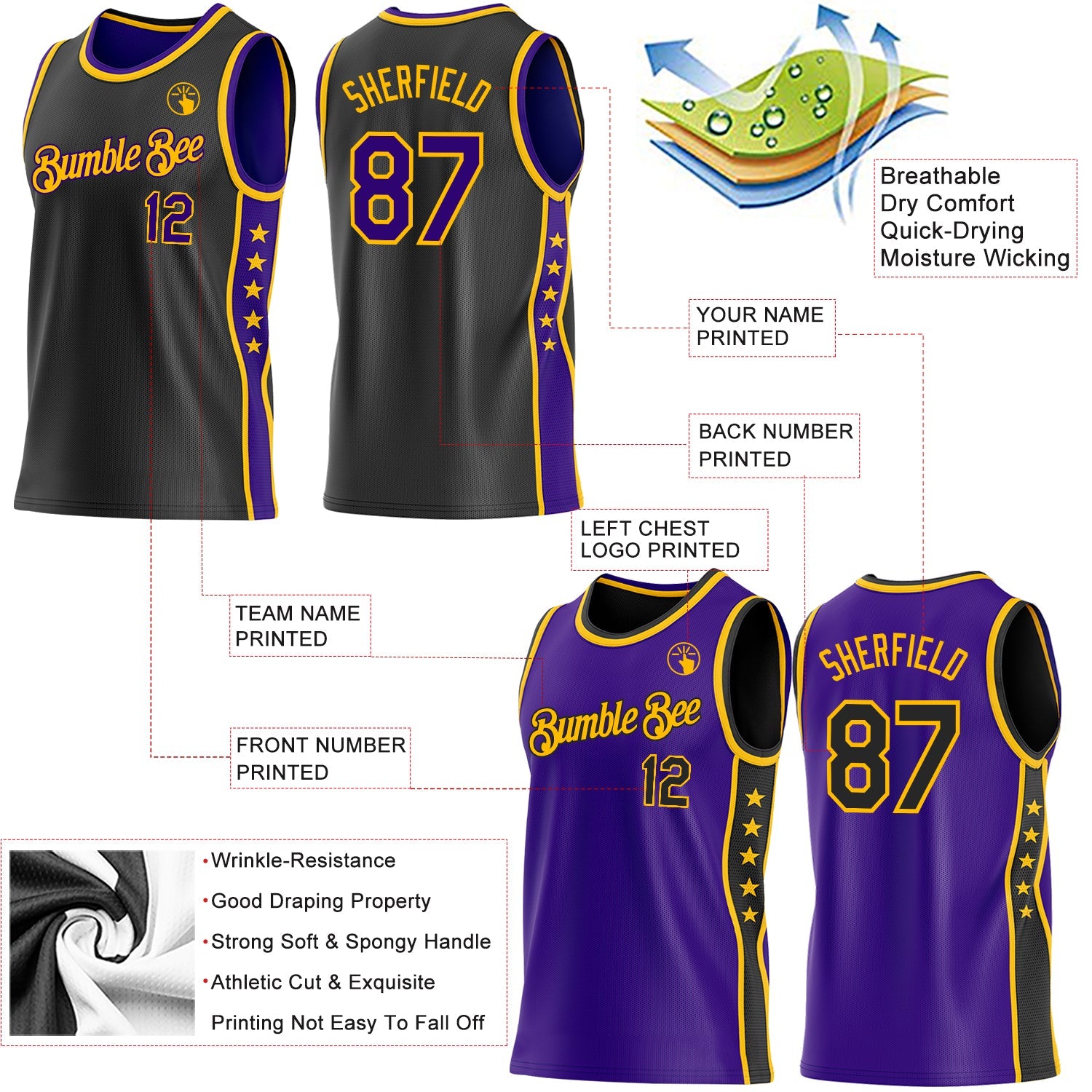 Custom Reversible Black Purple-Gold Double Side Star Sublimation Basketball Set Jersey view 5