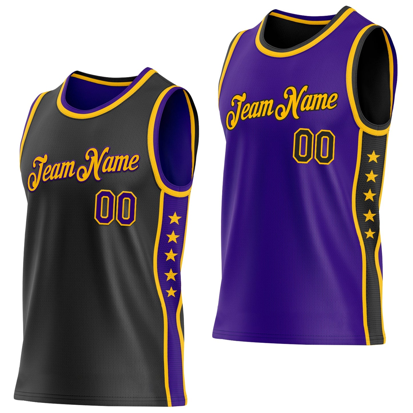 Custom Reversible Black Purple-Gold Double Side Star Sublimation Basketball Set Jersey - Main View