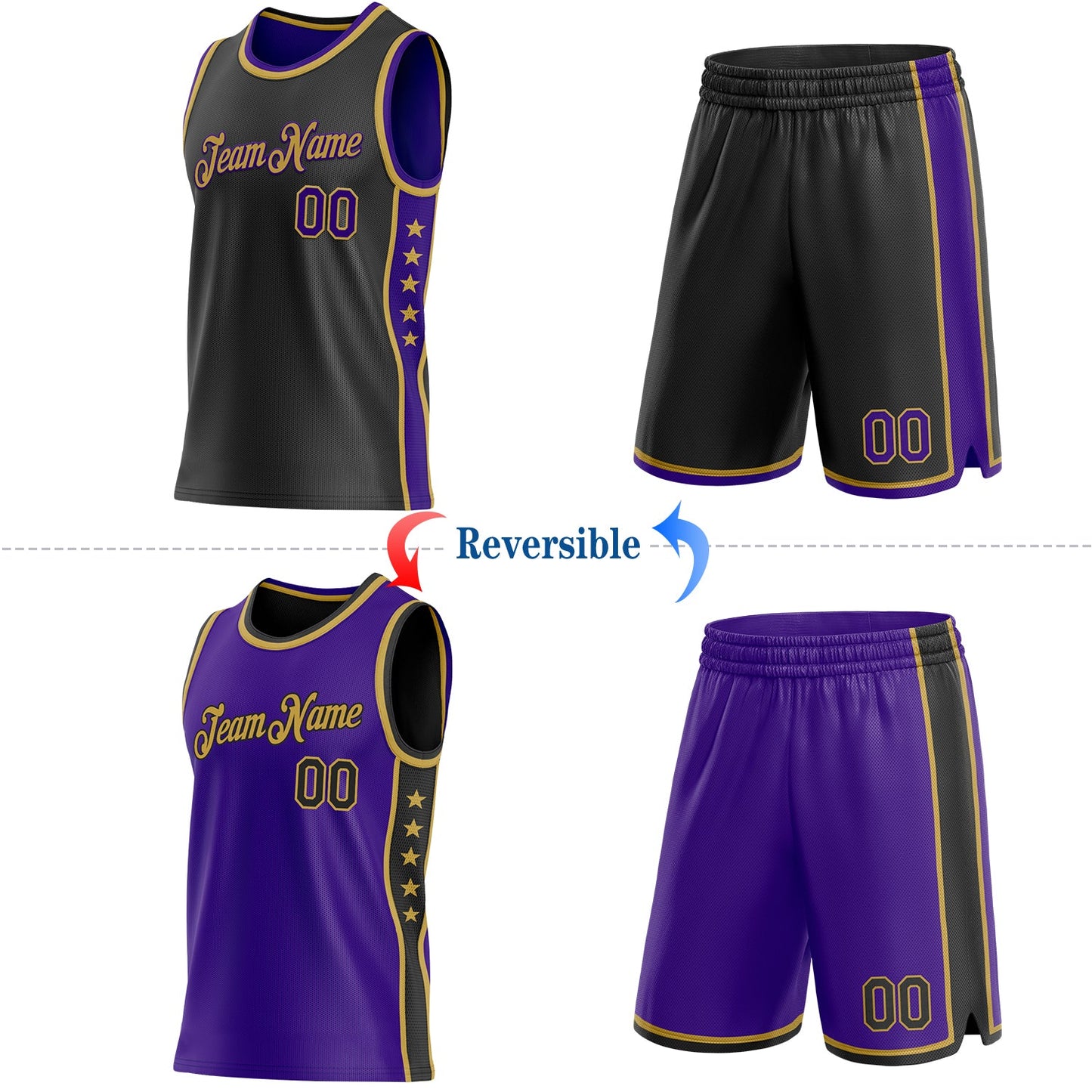 Custom Reversible Black Purple-Old Gold Double Side Star Sublimation Basketball Set Jersey view 2