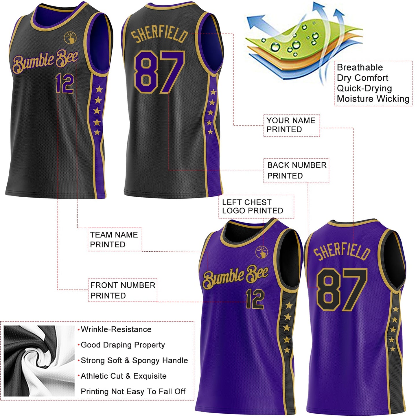 Custom Reversible Black Purple-Old Gold Double Side Star Sublimation Basketball Set Jersey view 5