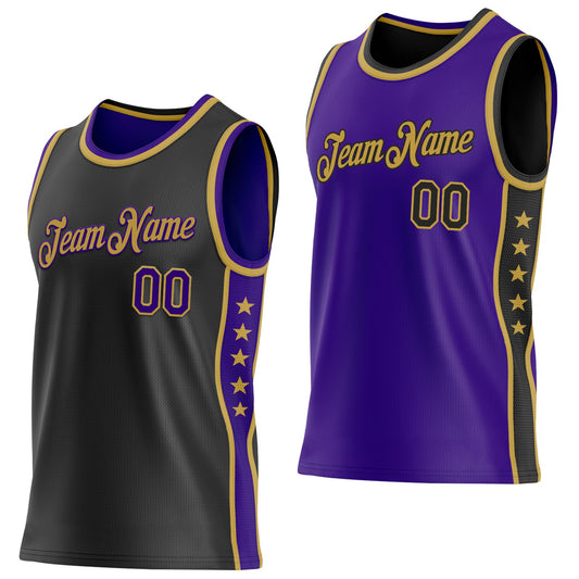 Custom Reversible Black Purple-Old Gold Double Side Star Sublimation Basketball Set Jersey - Main View
