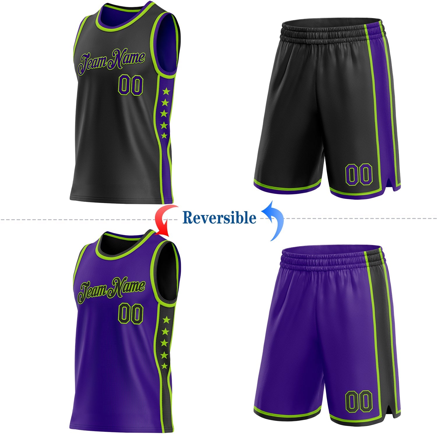 Custom Reversible Black Purple-Neon Green Double Side Star Sublimation Basketball Set Jersey view 2