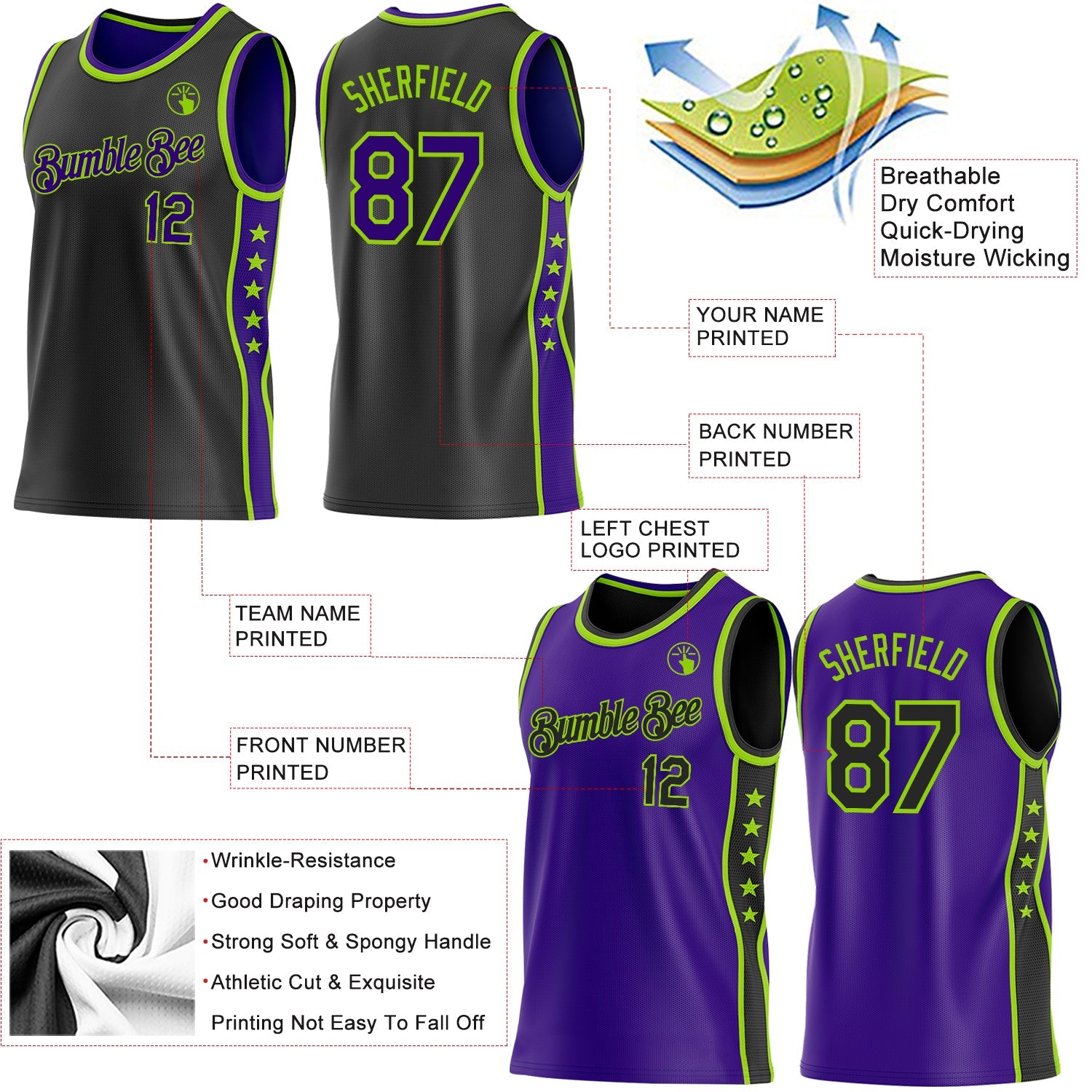 Custom Reversible Black Purple-Neon Green Double Side Star Sublimation Basketball Set Jersey view 5