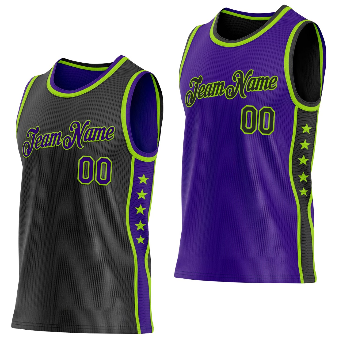 Custom Reversible Black Purple-Neon Green Double Side Star Sublimation Basketball Set Jersey - Main View