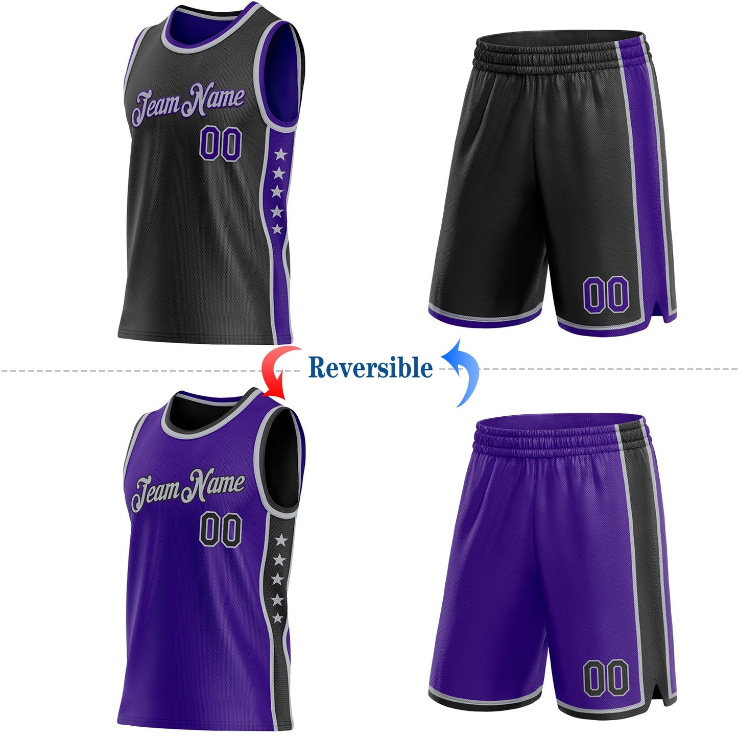 Custom Reversible Black Purple-Gray Double Side Star Sublimation Basketball Set Jersey view 2
