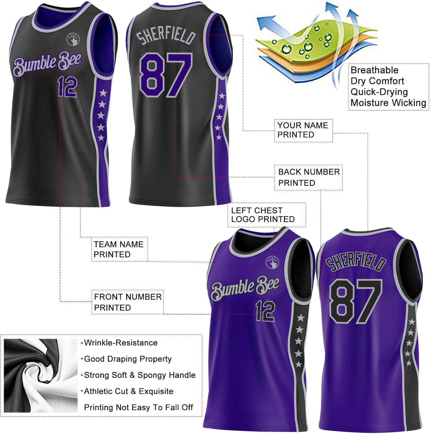 Custom Reversible Black Purple-Gray Double Side Star Sublimation Basketball Set Jersey view 5