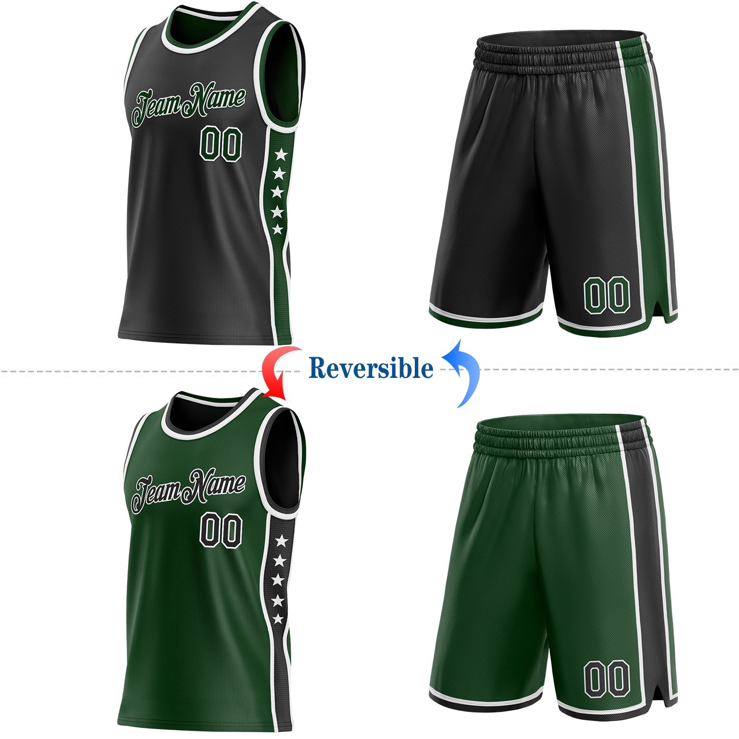 Custom Reversible Black Green-White Double Side Star Sublimation Basketball Set Jersey view 2