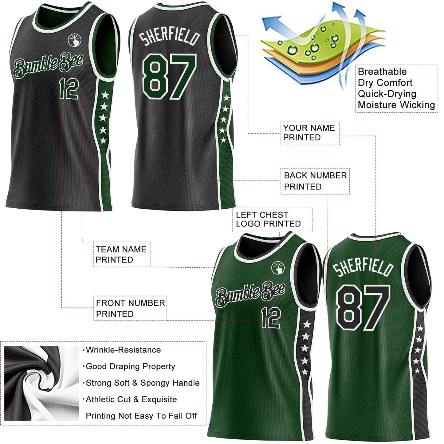 Custom Reversible Black Green-White Double Side Star Sublimation Basketball Set Jersey view 5