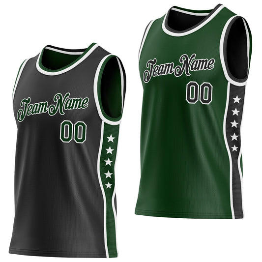 Custom Reversible Black Green-White Double Side Star Sublimation Basketball Set Jersey - Main View