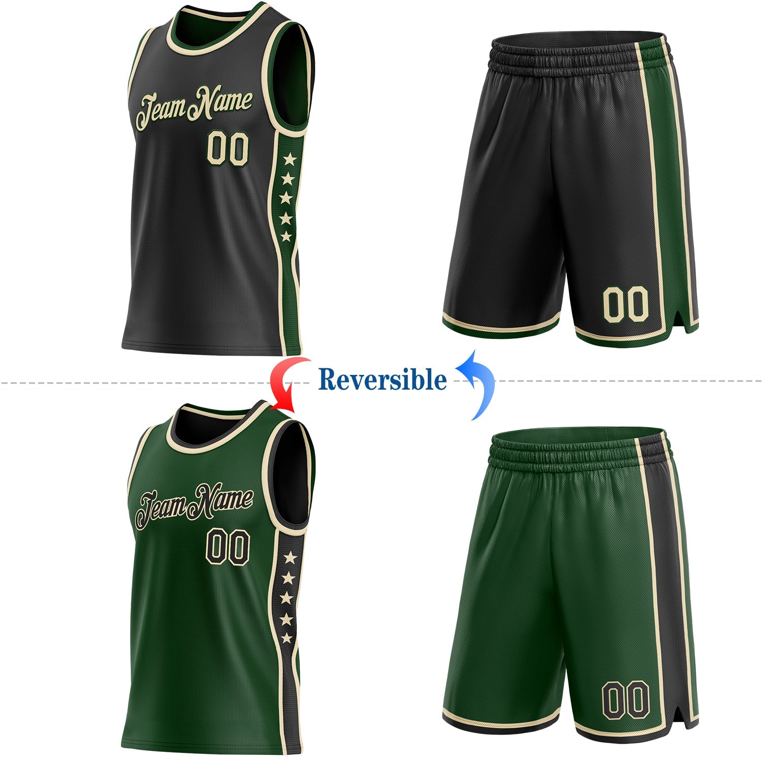 Custom Reversible Black Cream-Green Double Side Star Sublimation Basketball Set Jersey view 2
