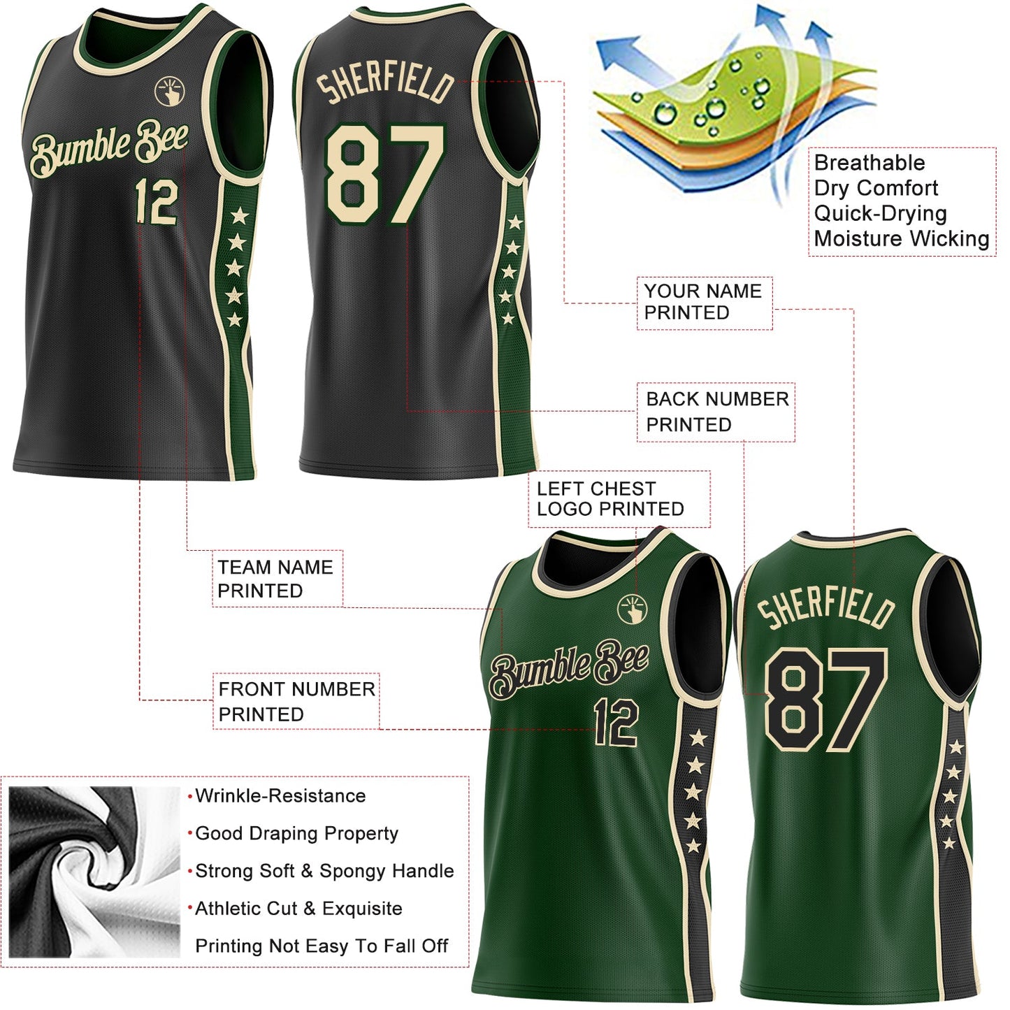 Custom Reversible Black Cream-Green Double Side Star Sublimation Basketball Set Jersey view 5