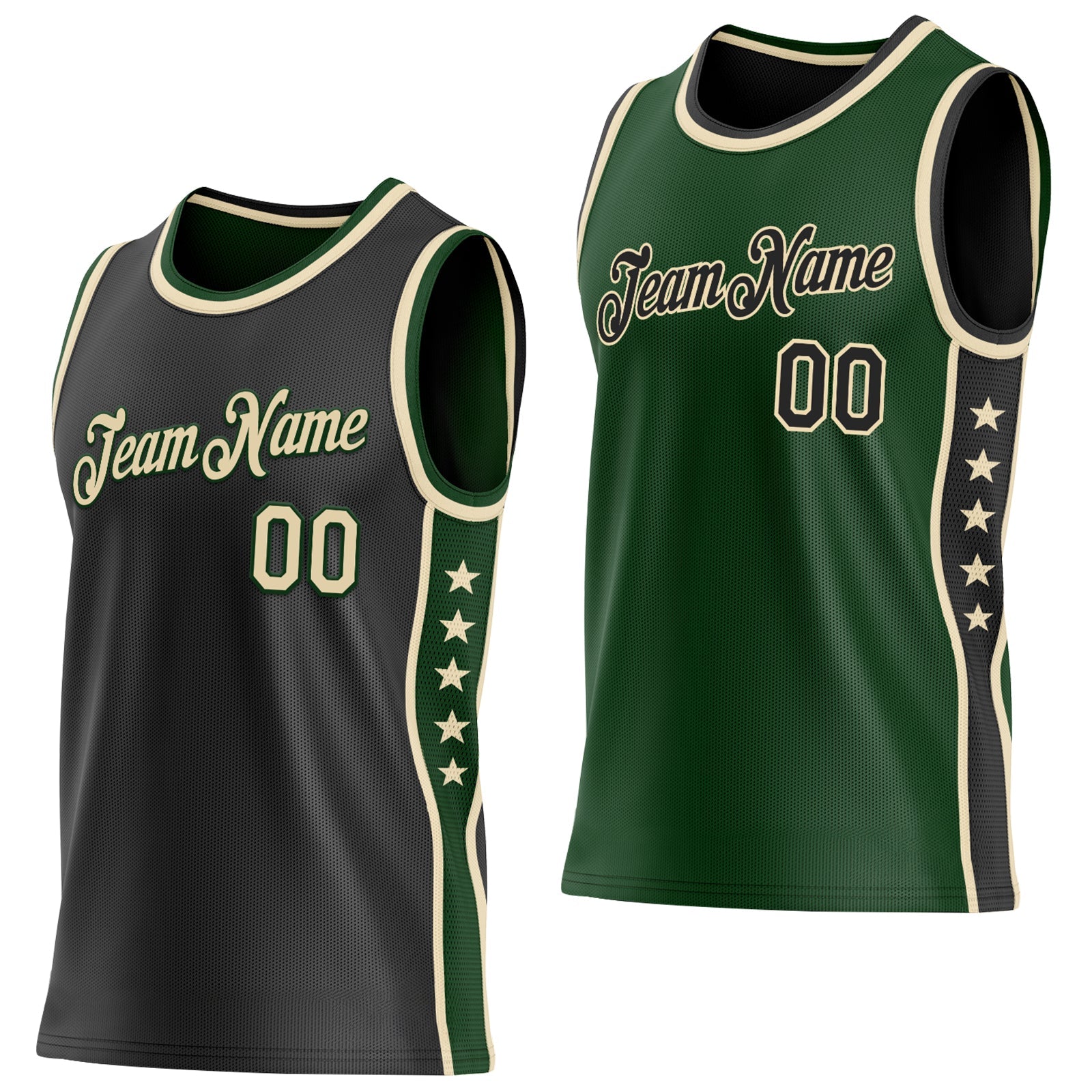 Custom Reversible Black Cream-Green Double Side Star Sublimation Basketball Set Jersey - Main View