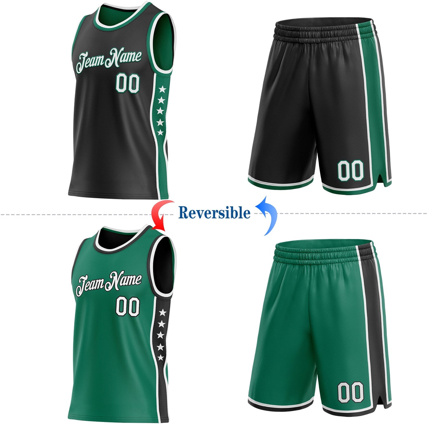 Custom Reversible Black White-Kelly Green Double Side Star Sublimation Basketball Set Jersey view 2