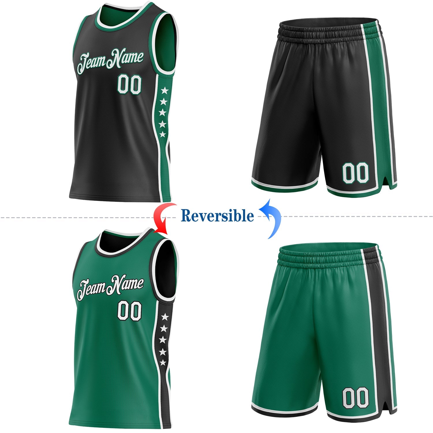 Custom Reversible Black White-Kelly Green Double Side Star Sublimation Basketball Set Jersey view 2