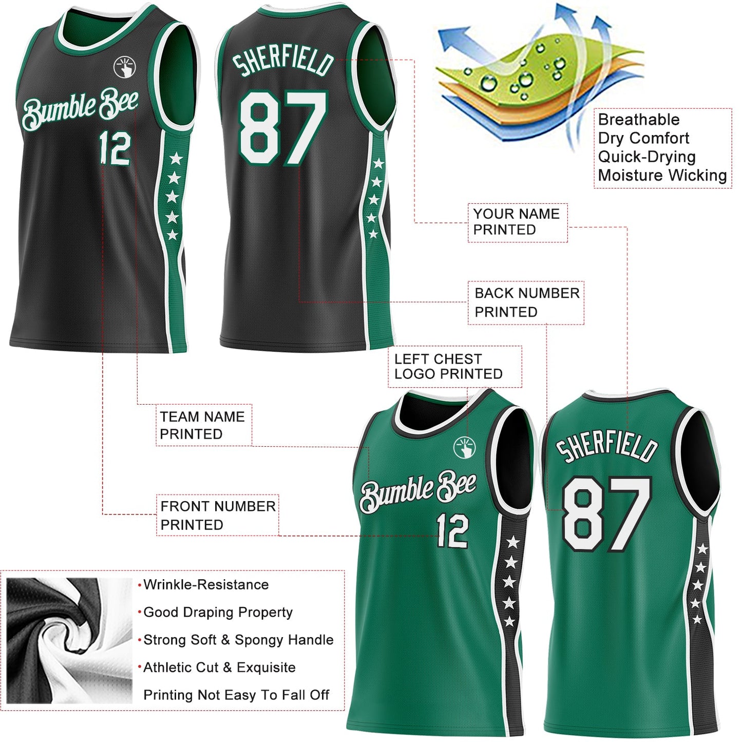 Custom Reversible Black White-Kelly Green Double Side Star Sublimation Basketball Set Jersey view 5