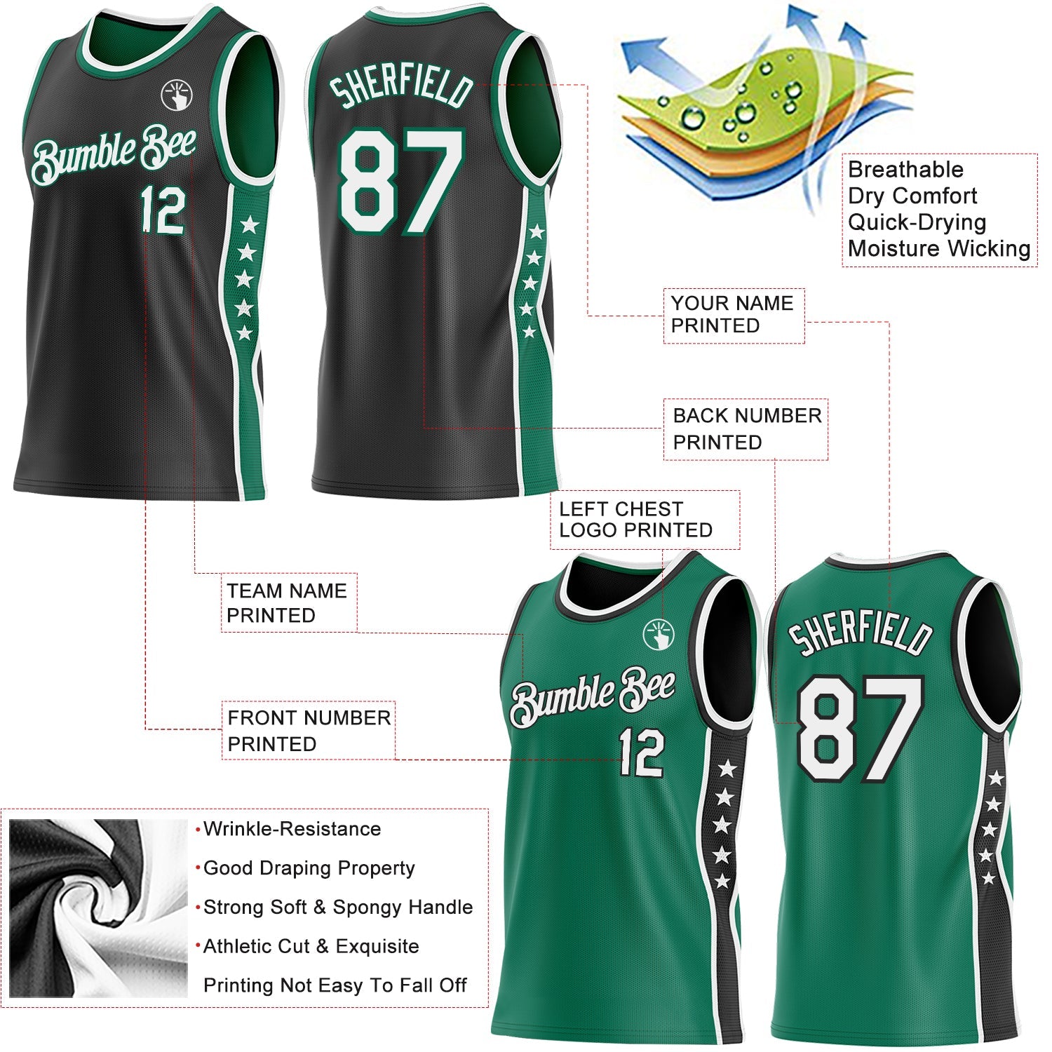Custom Reversible Black White-Kelly Green Double Side Star Sublimation Basketball Set Jersey view 5