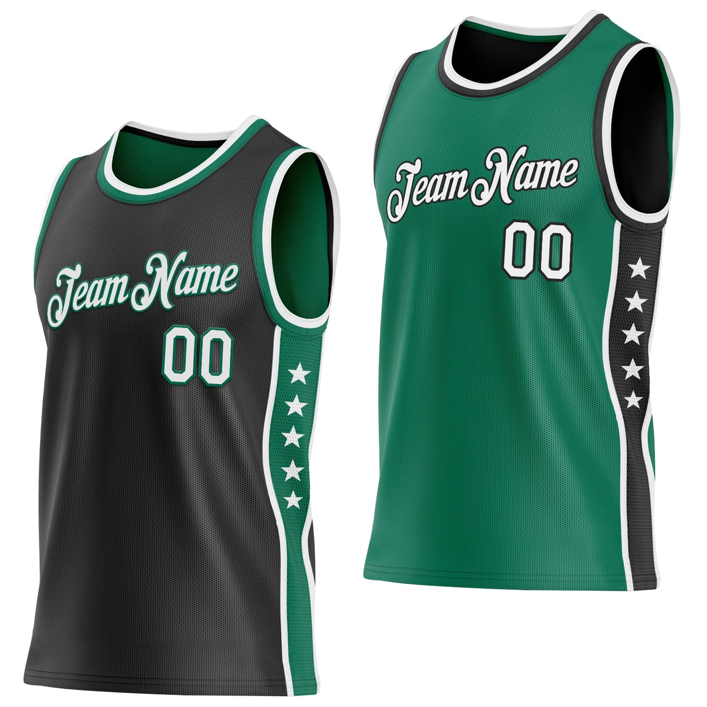 Custom Reversible Black White-Kelly Green Double Side Star Sublimation Basketball Set Jersey - Main View