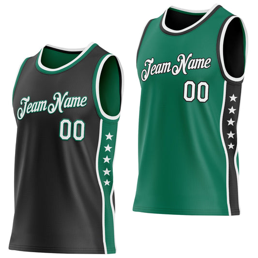 Custom Reversible Black White-Kelly Green Double Side Star Sublimation Basketball Set Jersey - Main View