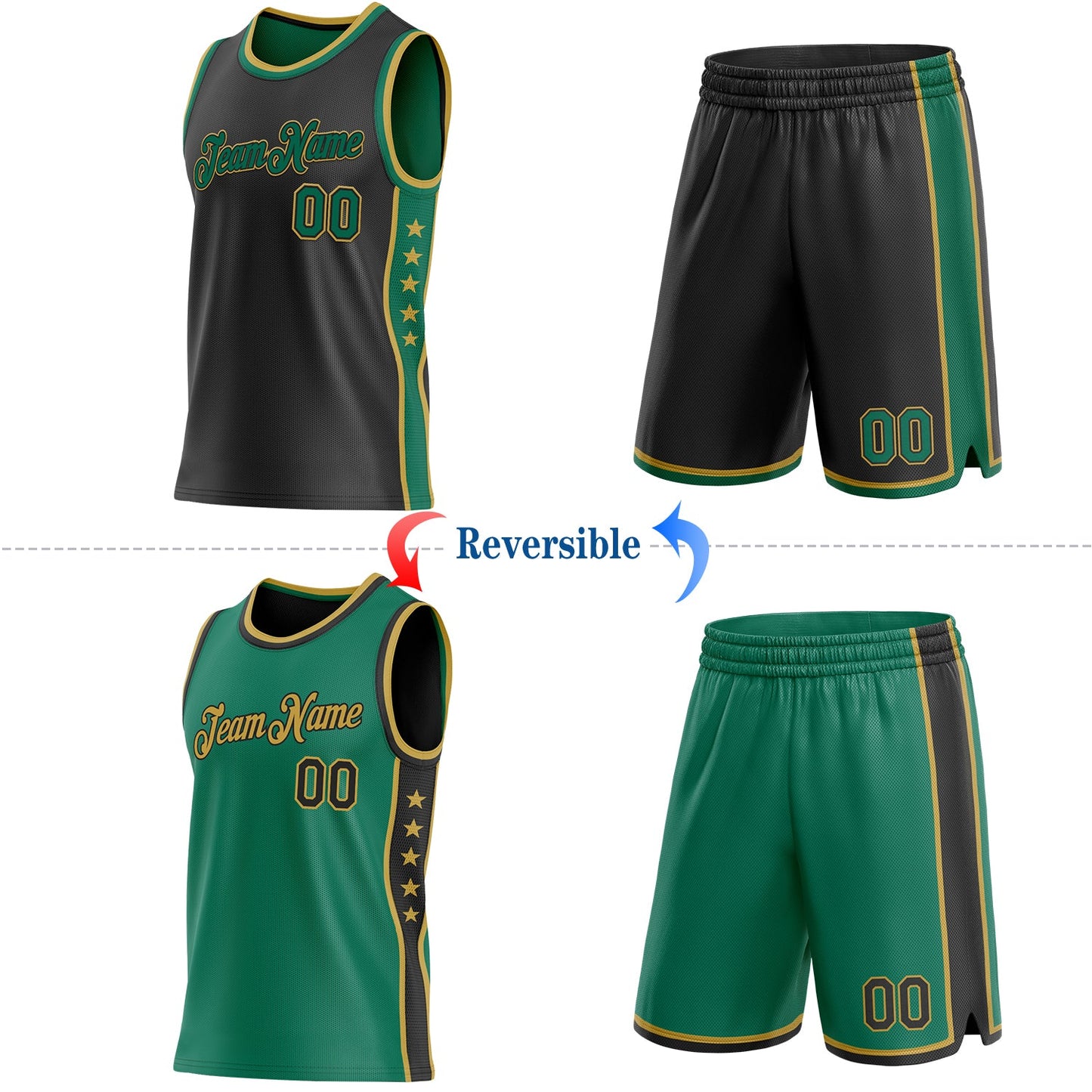 Custom Reversible Black Kelly Green-Old Gold Double Side Star Sublimation Basketball Set Jersey view 2