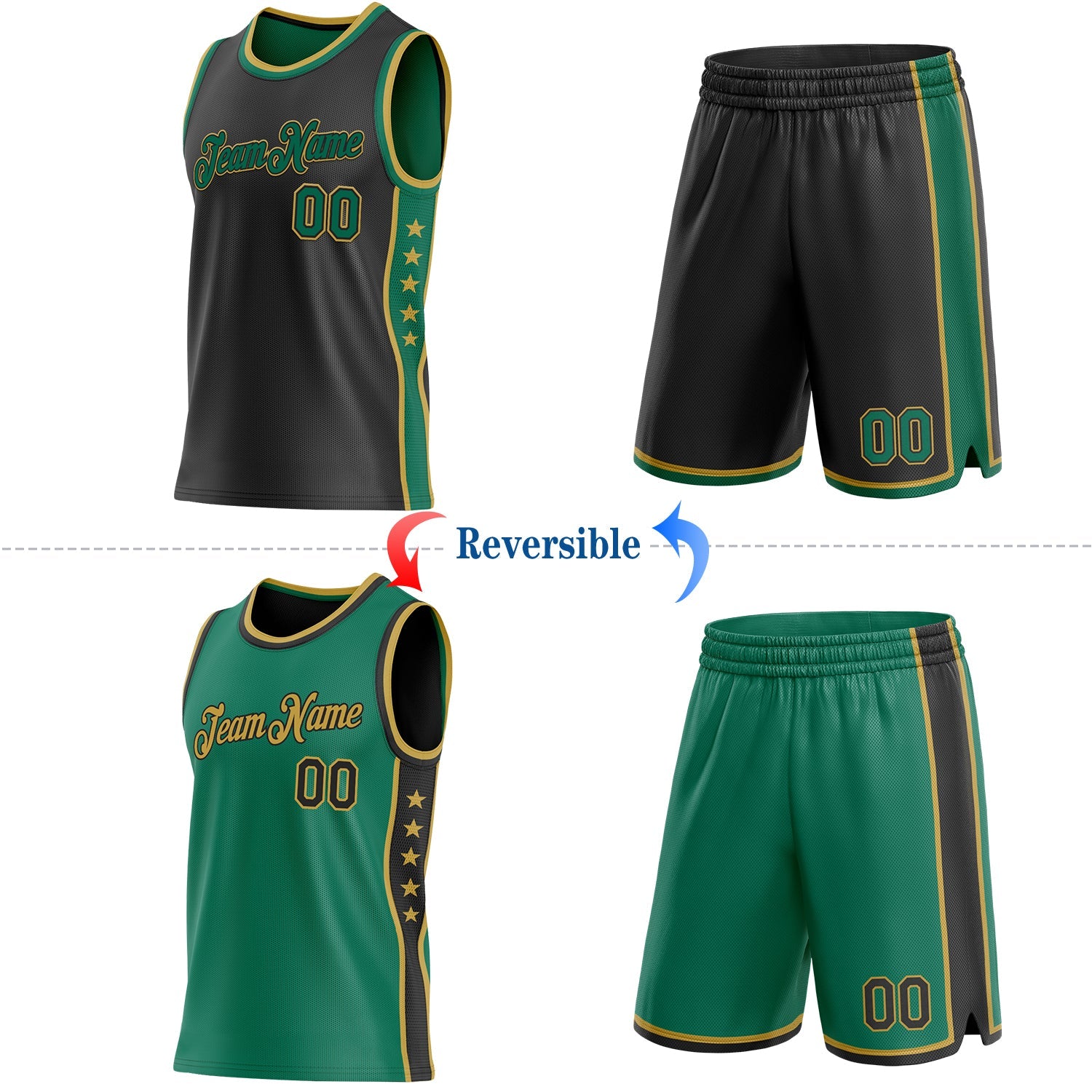 Custom Reversible Black Kelly Green-Old Gold Double Side Star Sublimation Basketball Set Jersey view 2