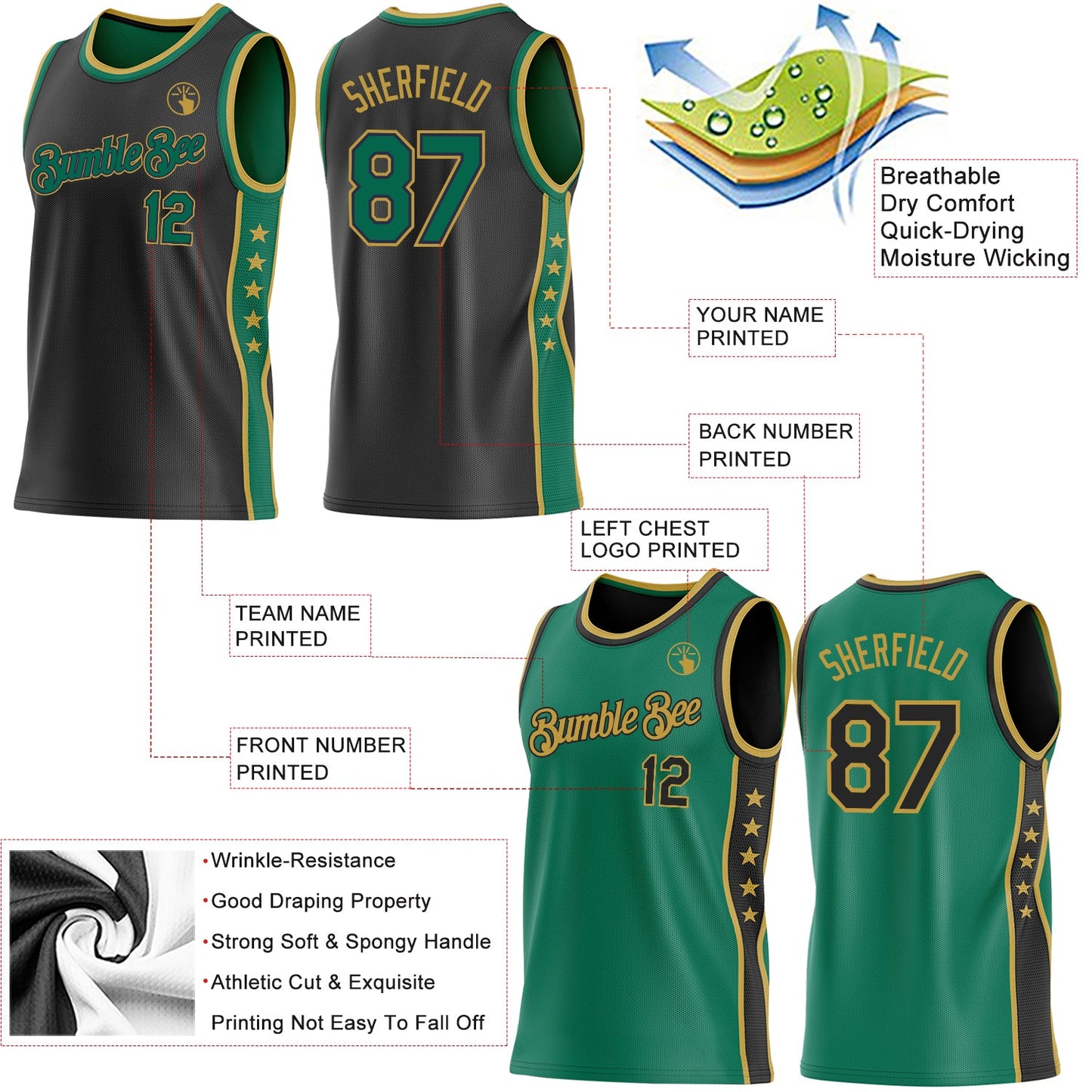 Custom Reversible Black Kelly Green-Old Gold Double Side Star Sublimation Basketball Set Jersey view 5
