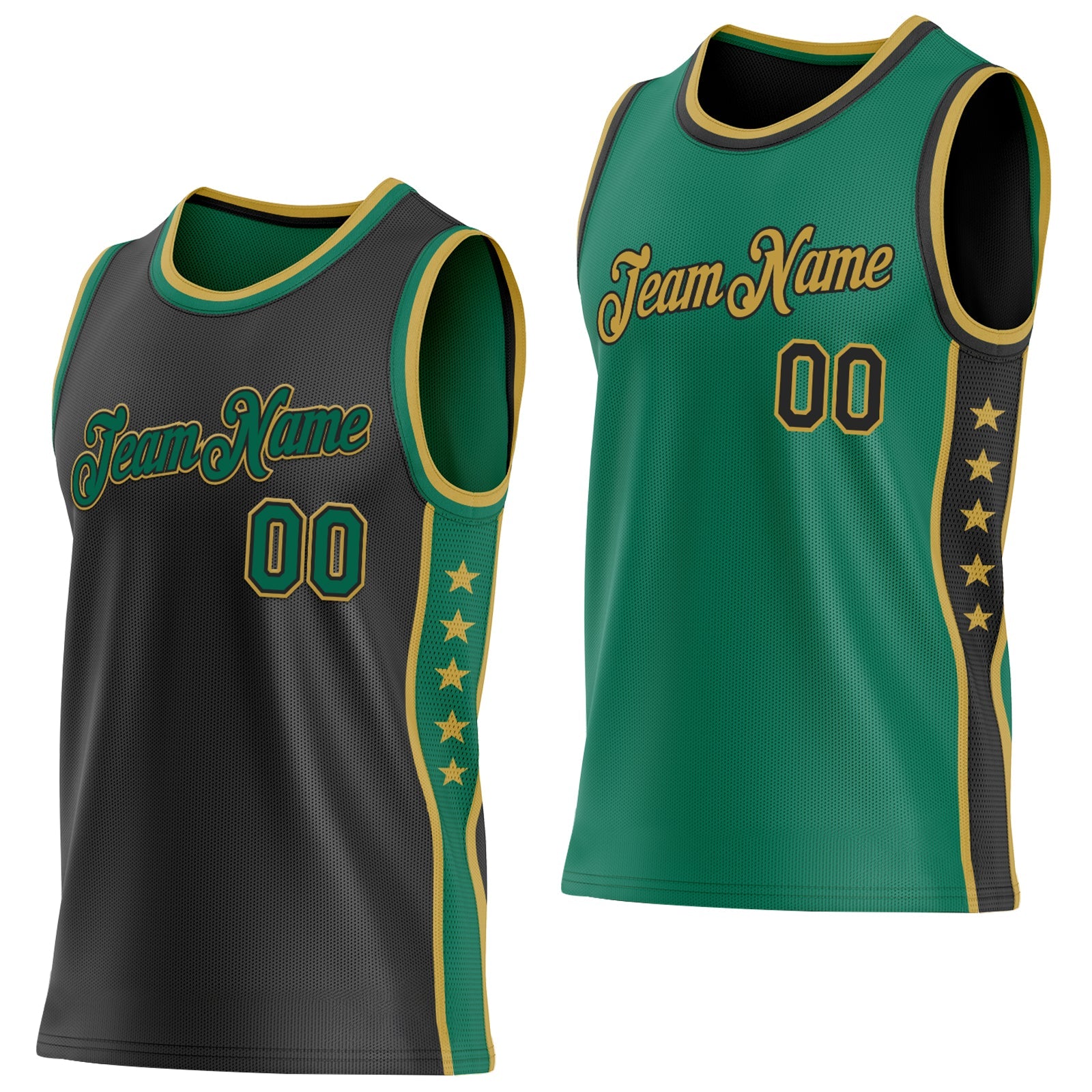 Custom Reversible Black Kelly Green-Old Gold Double Side Star Sublimation Basketball Set Jersey - Main View