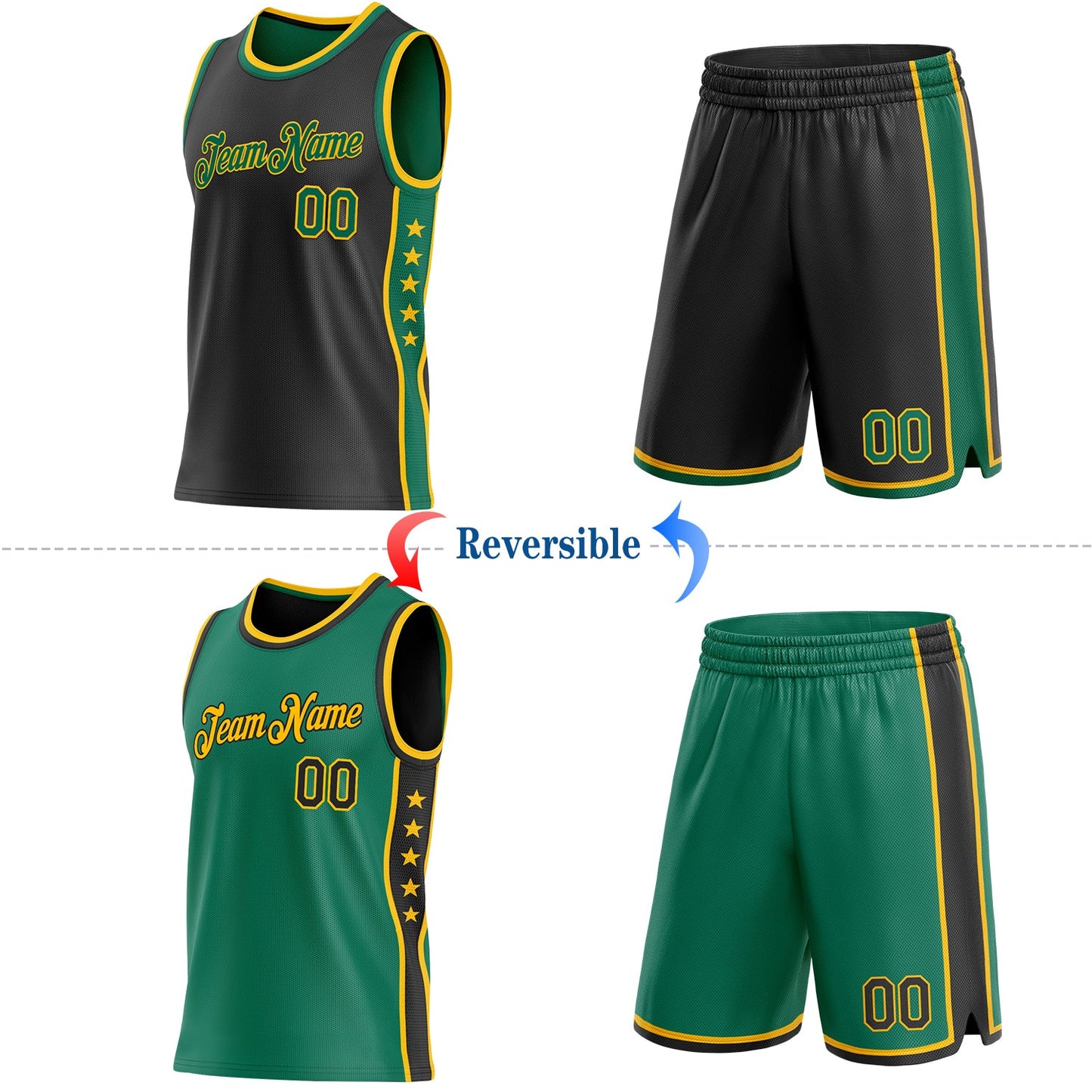 Custom Reversible Black Kelly Green-Gold Double Side Star Sublimation Basketball Set Jersey view 2