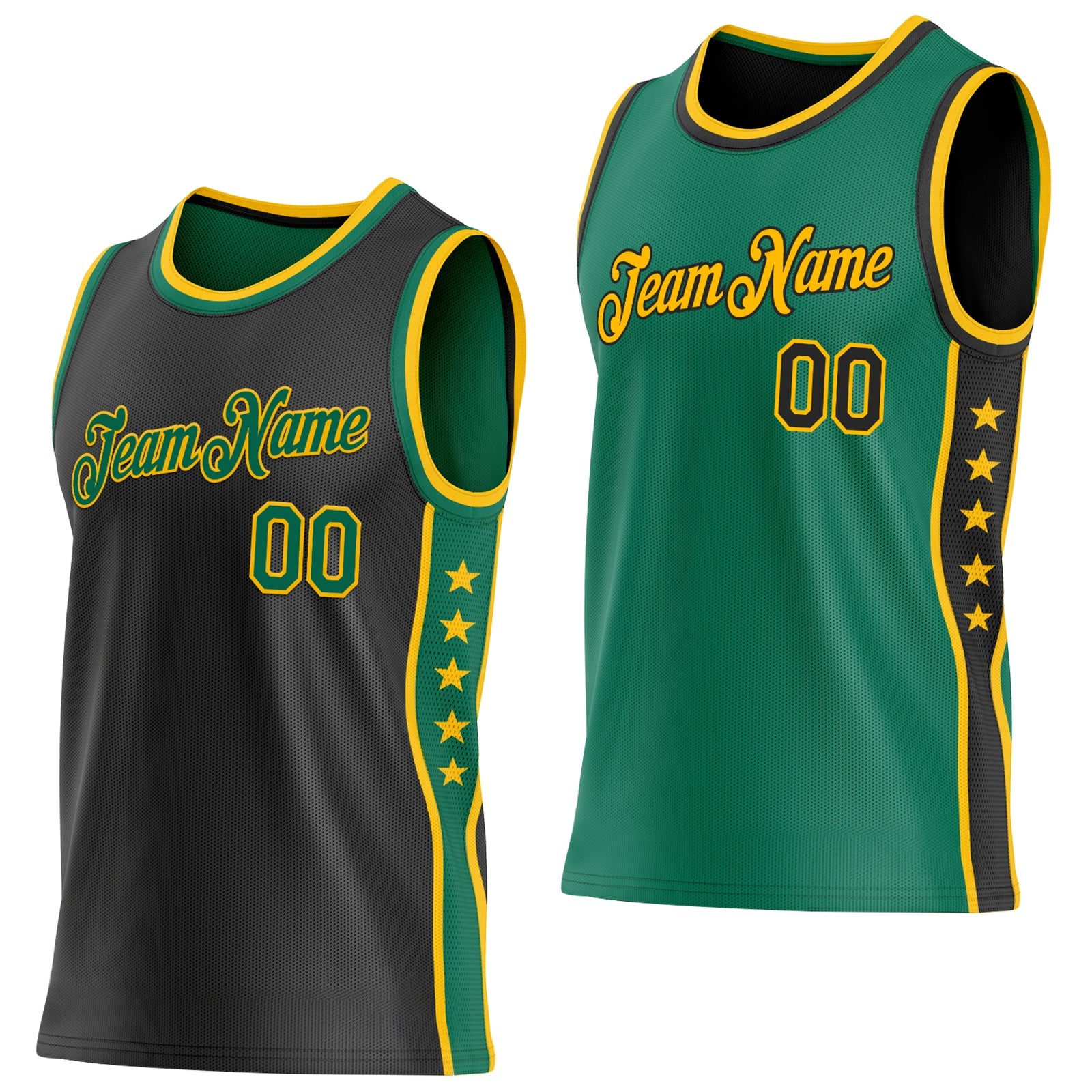 Custom Reversible Black Kelly Green-Gold Double Side Star Sublimation Basketball Set Jersey - Main View