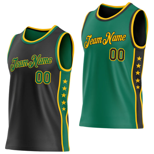 Custom Reversible Black Kelly Green-Gold Double Side Star Sublimation Basketball Set Jersey - Main View