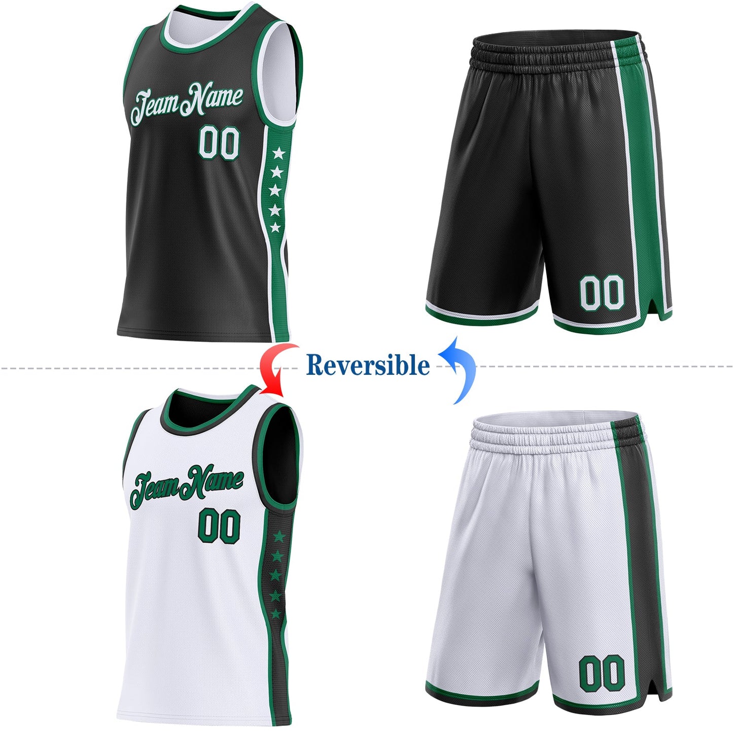 Custom Reversible Black White-Kelly Green Double Side Star Sublimation Basketball Set Jersey view 2