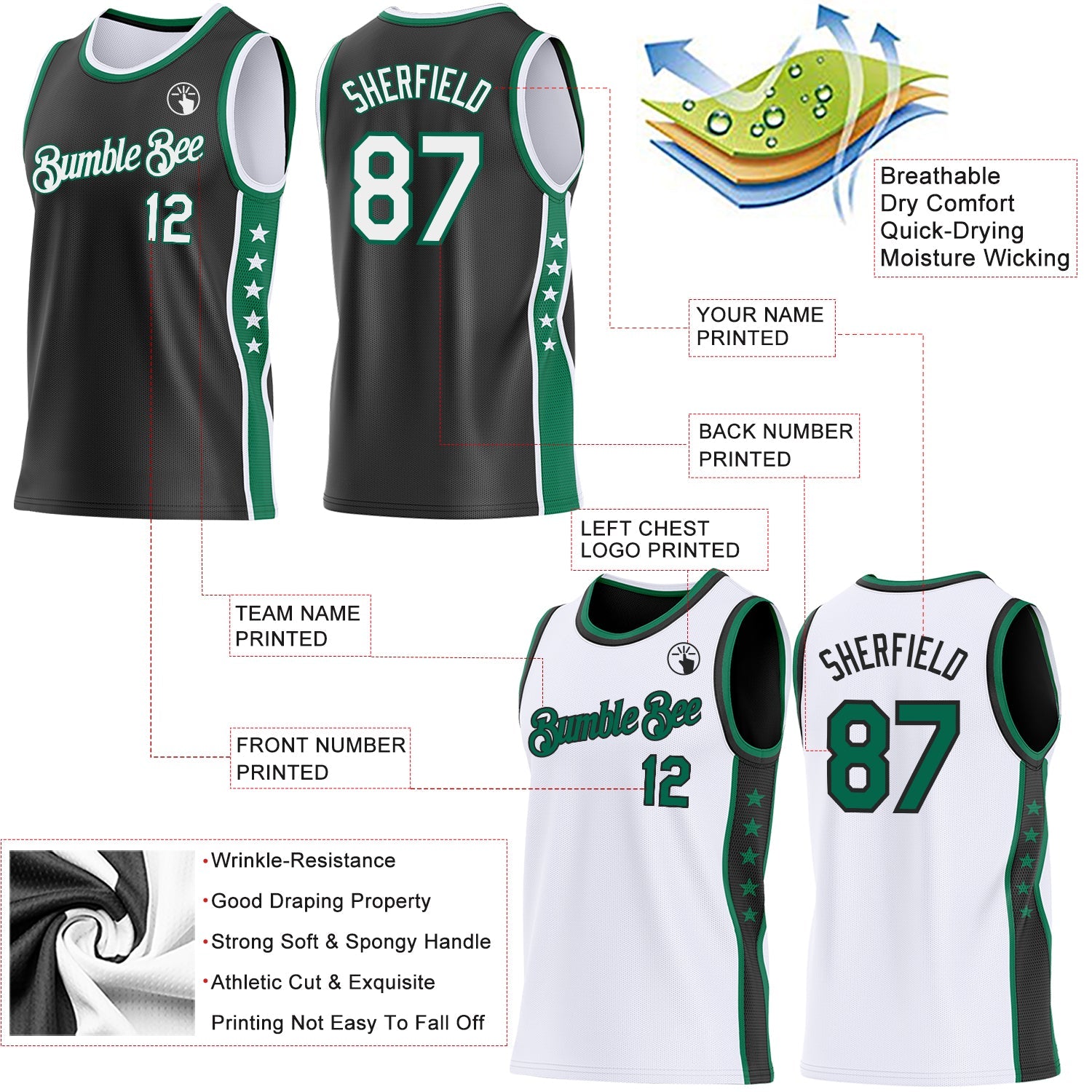 Custom Reversible Black White-Kelly Green Double Side Star Sublimation Basketball Set Jersey view 5