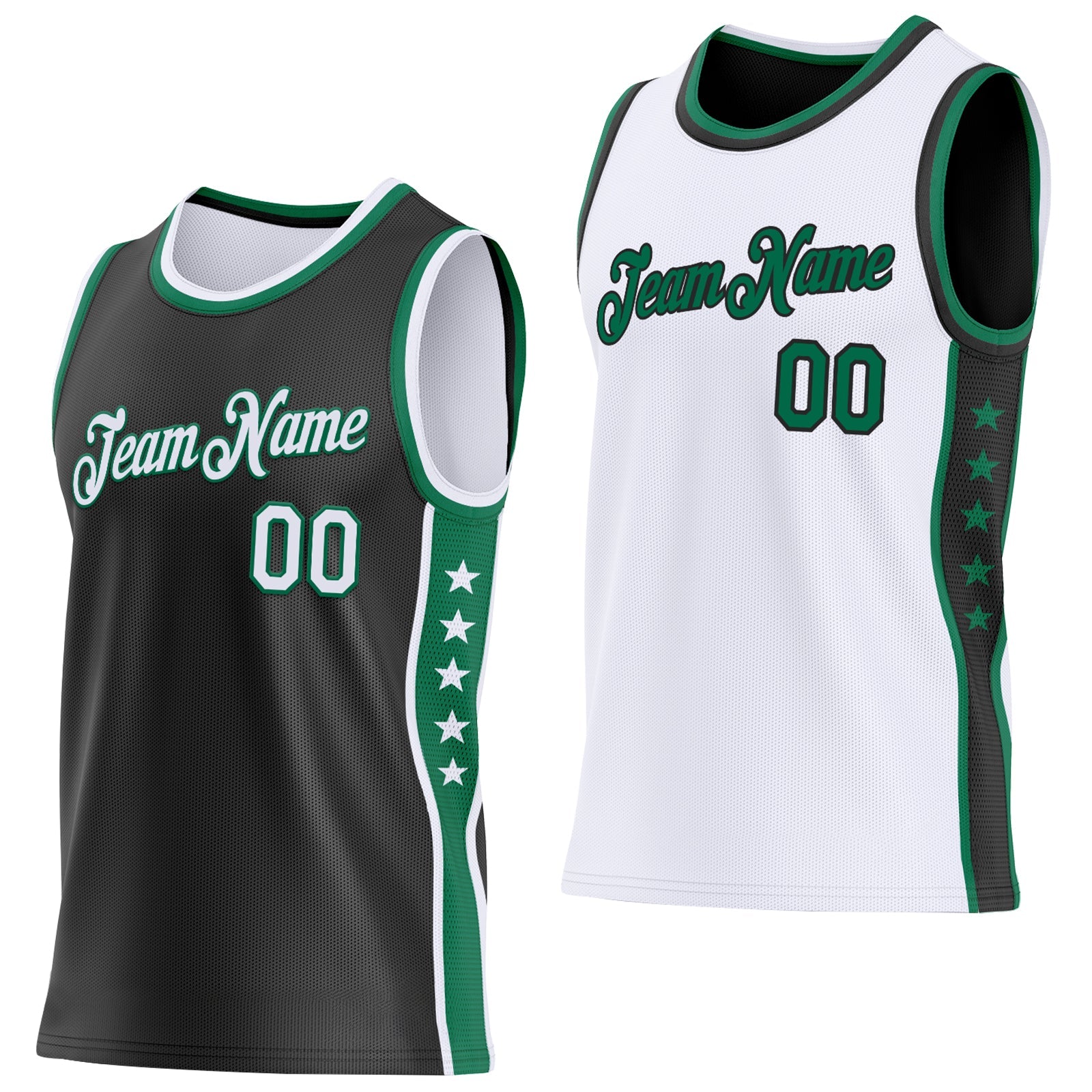 Custom Reversible Black White-Kelly Green Double Side Star Sublimation Basketball Set Jersey - Main View