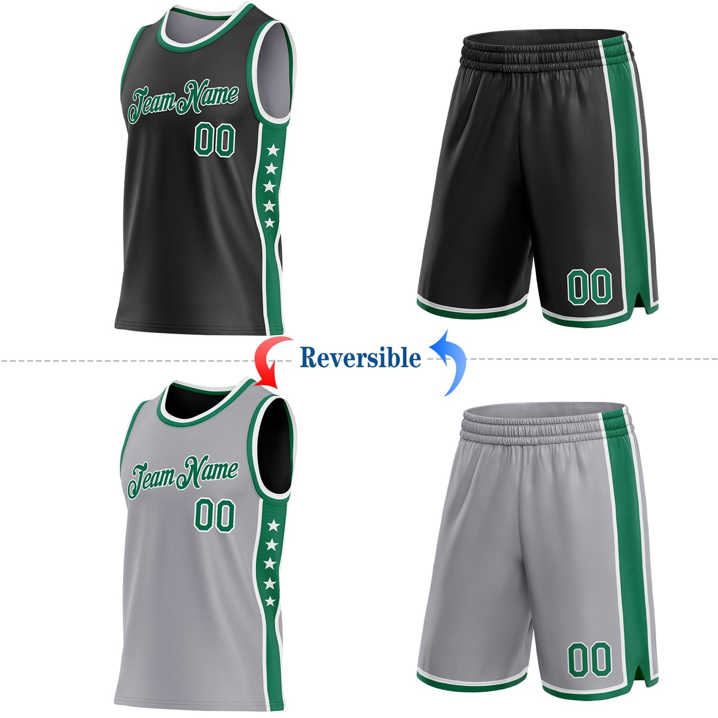 Custom Reversible Black Kelly Green-White Double Side Star Sublimation Basketball Set Jersey view 2