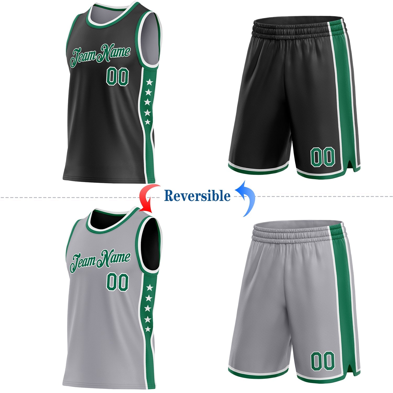 Custom Reversible Black Kelly Green-White Double Side Star Sublimation Basketball Set Jersey view 2