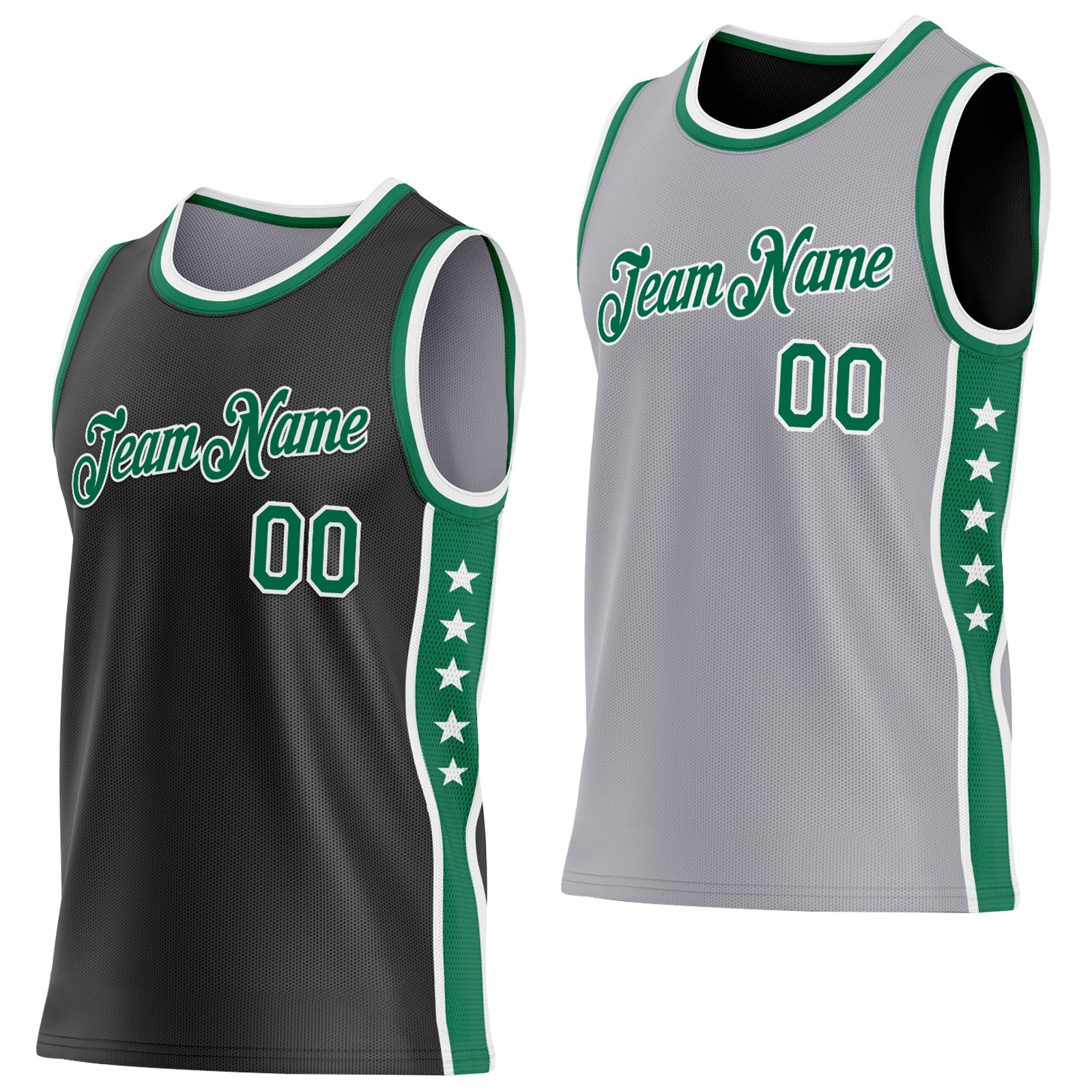 Custom Reversible Black Kelly Green-White Double Side Star Sublimation Basketball Set Jersey - Main View