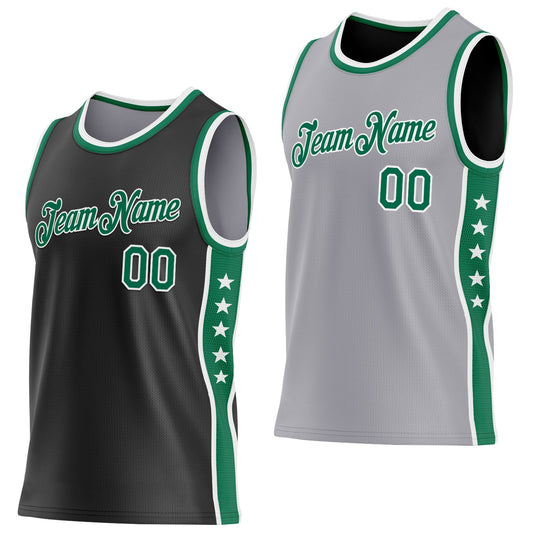 Custom Reversible Black Kelly Green-White Double Side Star Sublimation Basketball Set Jersey - Main View