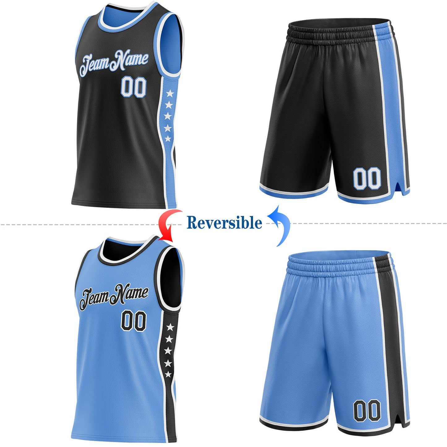 Custom Reversible Black White-Lakes Blue Double Side Star Sublimation Basketball Set Jersey view 2