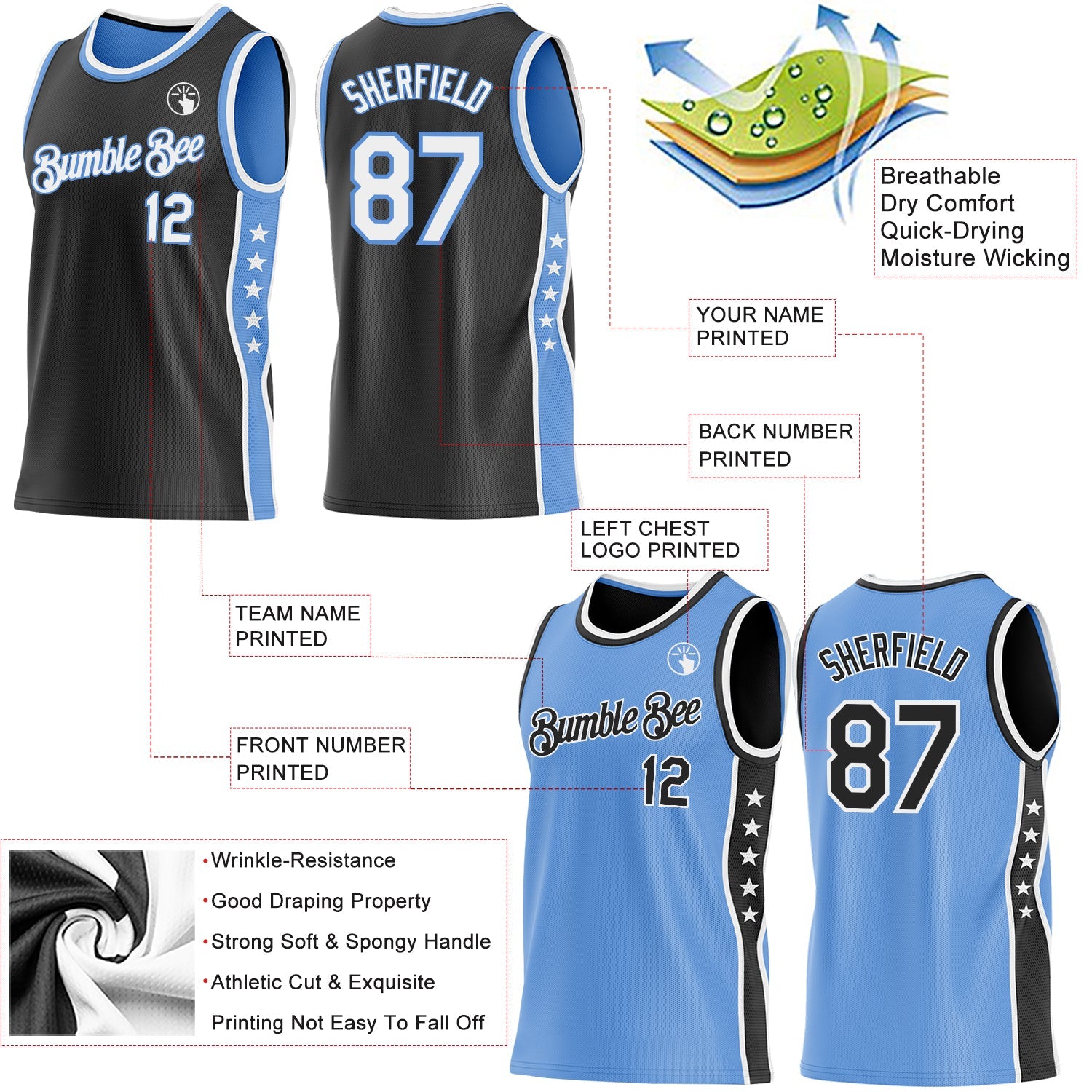 Custom Reversible Black White-Lakes Blue Double Side Star Sublimation Basketball Set Jersey view 5