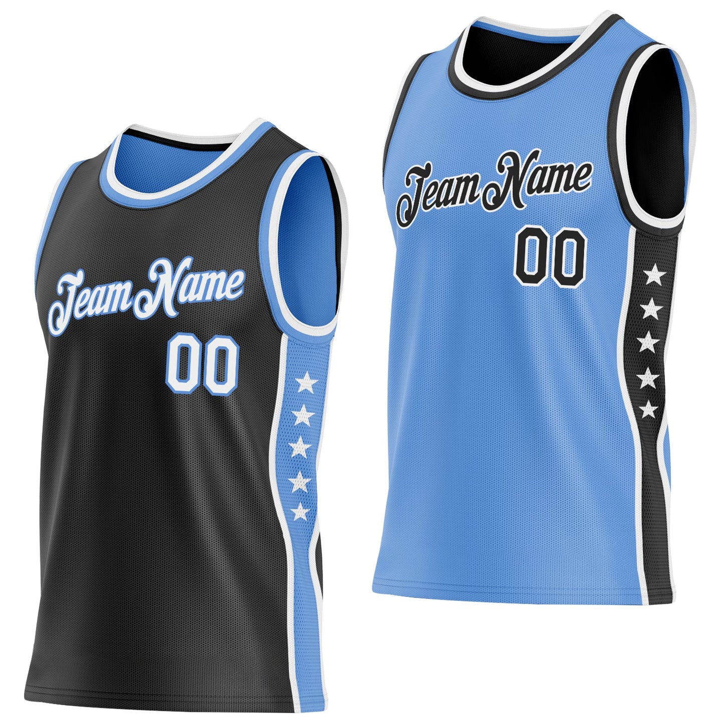 Custom Reversible Black White-Lakes Blue Double Side Star Sublimation Basketball Set Jersey - Main View