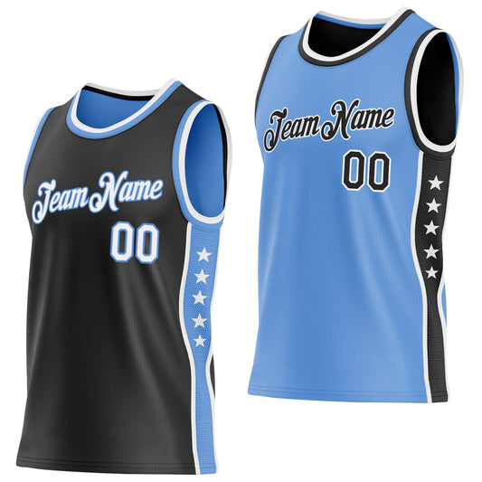 Custom Reversible Black White-Lakes Blue Double Side Star Sublimation Basketball Set Jersey - Main View