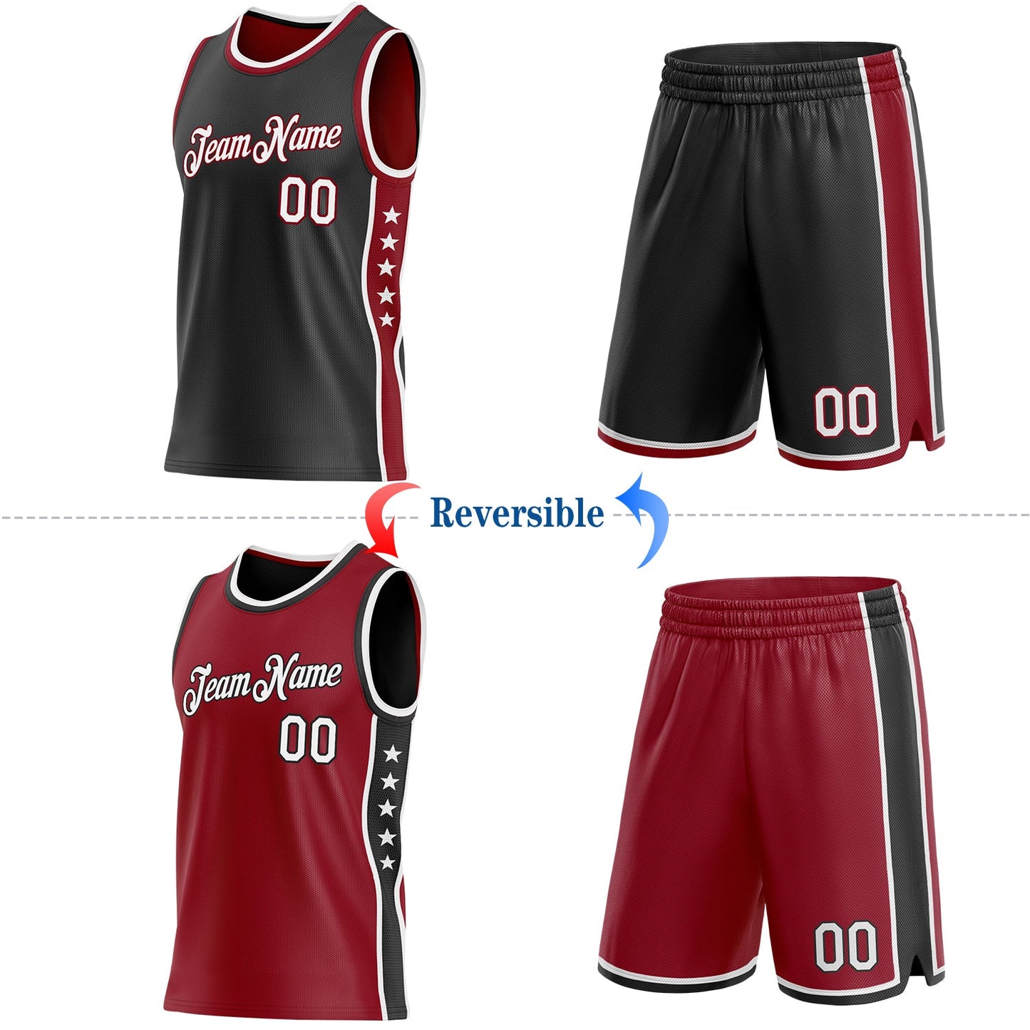 Custom Reversible Black White-Crimson Double Side Star Sublimation Basketball Set Jersey view 2