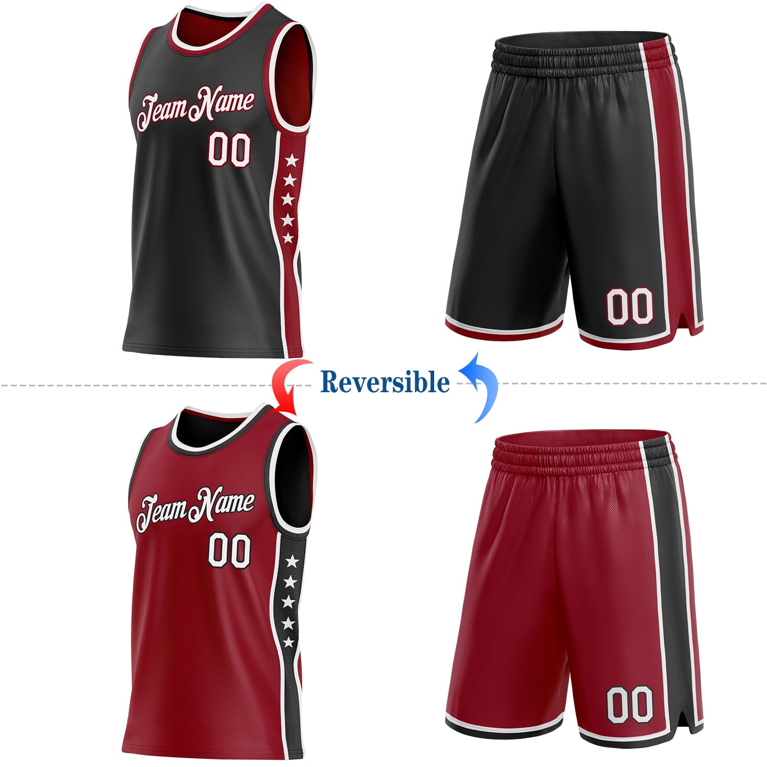 Custom Reversible Black White-Crimson Double Side Star Sublimation Basketball Set Jersey view 2