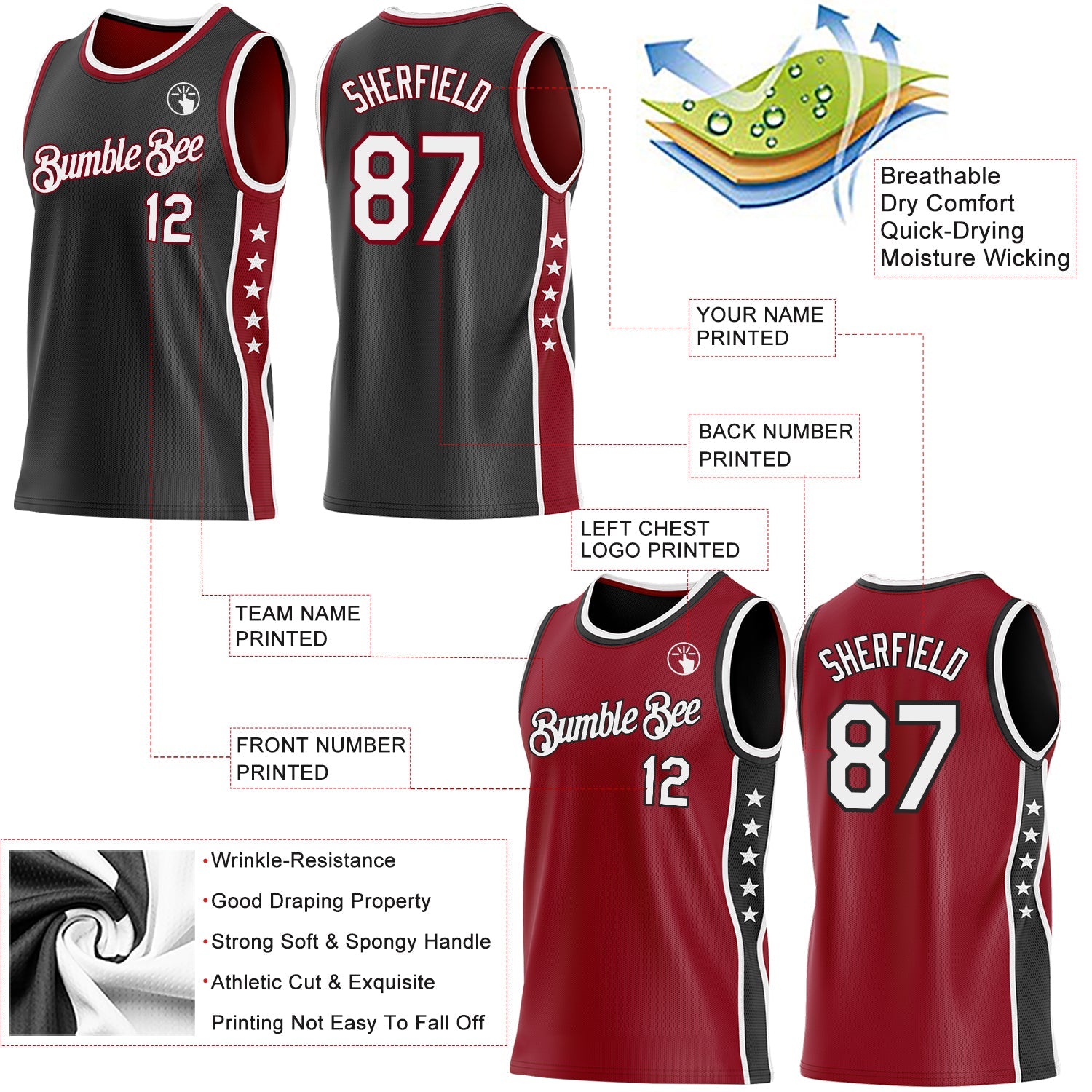 Custom Reversible Black White-Crimson Double Side Star Sublimation Basketball Set Jersey view 5