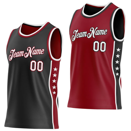 Custom Reversible Black White-Crimson Double Side Star Sublimation Basketball Set Jersey - Main View