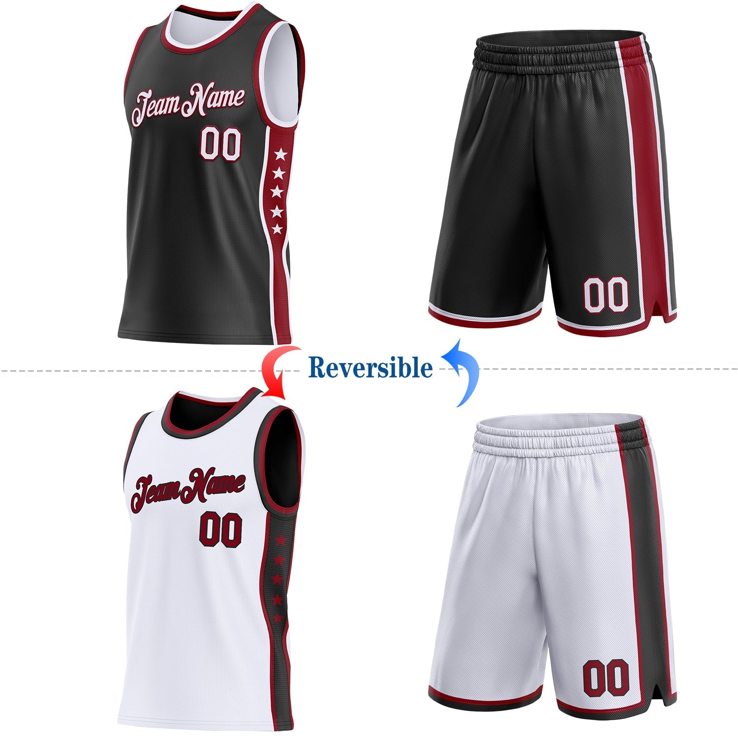 Custom Reversible Black White-Crimson Double Side Star Sublimation Basketball Set Jersey view 2