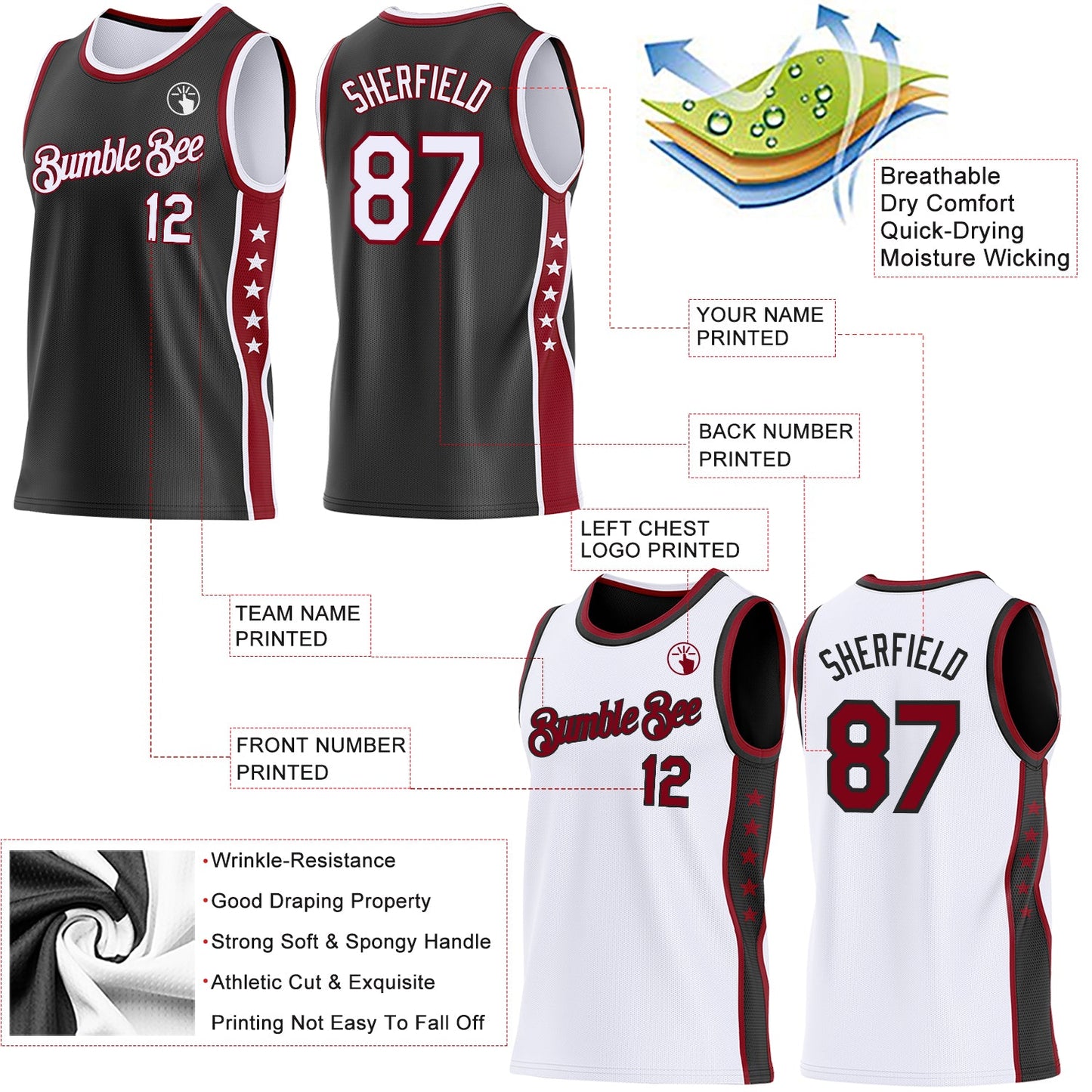 Custom Reversible Black White-Crimson Double Side Star Sublimation Basketball Set Jersey view 5