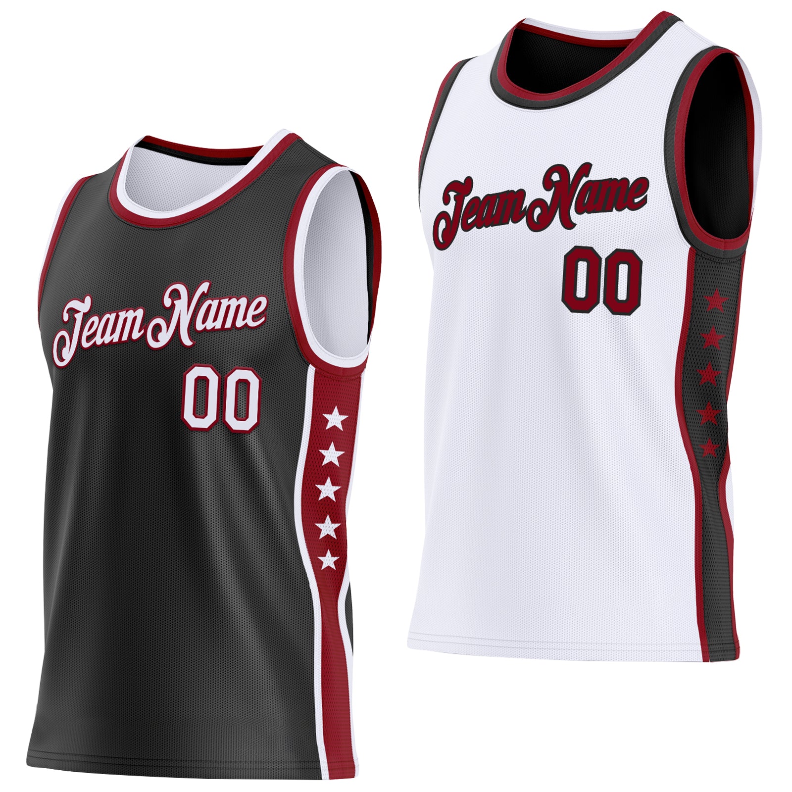 Custom Reversible Black White-Crimson Double Side Star Sublimation Basketball Set Jersey - Main View
