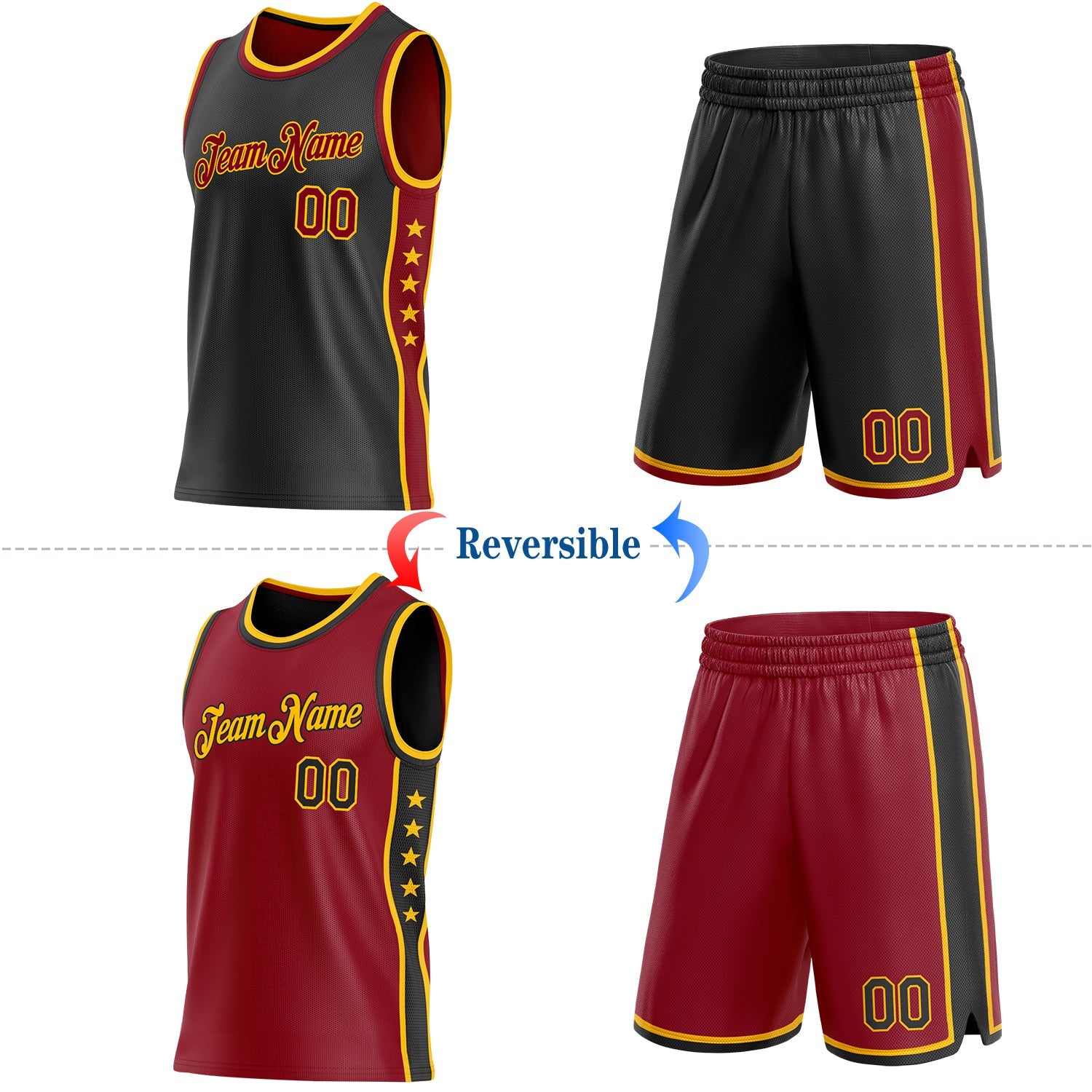Custom Reversible Black Crimson-Gold Double Side Star Sublimation Basketball Set Jersey view 2