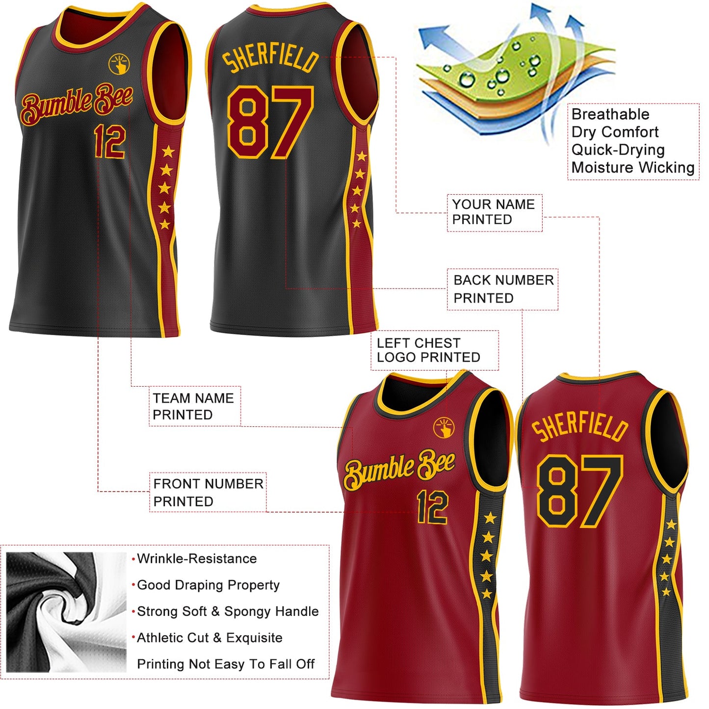 Custom Reversible Black Crimson-Gold Double Side Star Sublimation Basketball Set Jersey view 5