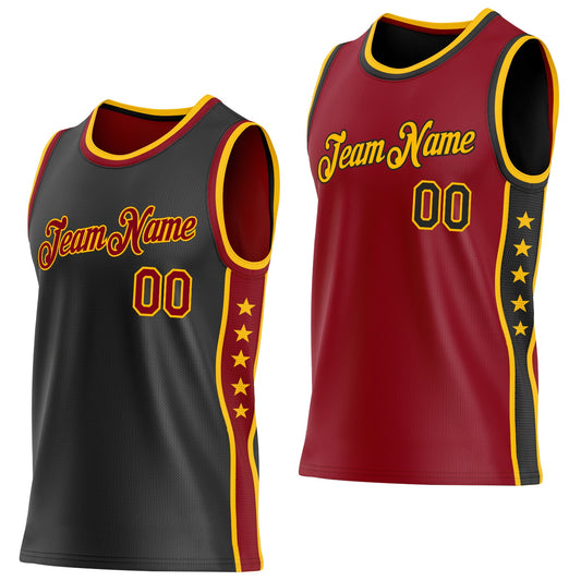 Custom Reversible Black Crimson-Gold Double Side Star Sublimation Basketball Set Jersey - Main View